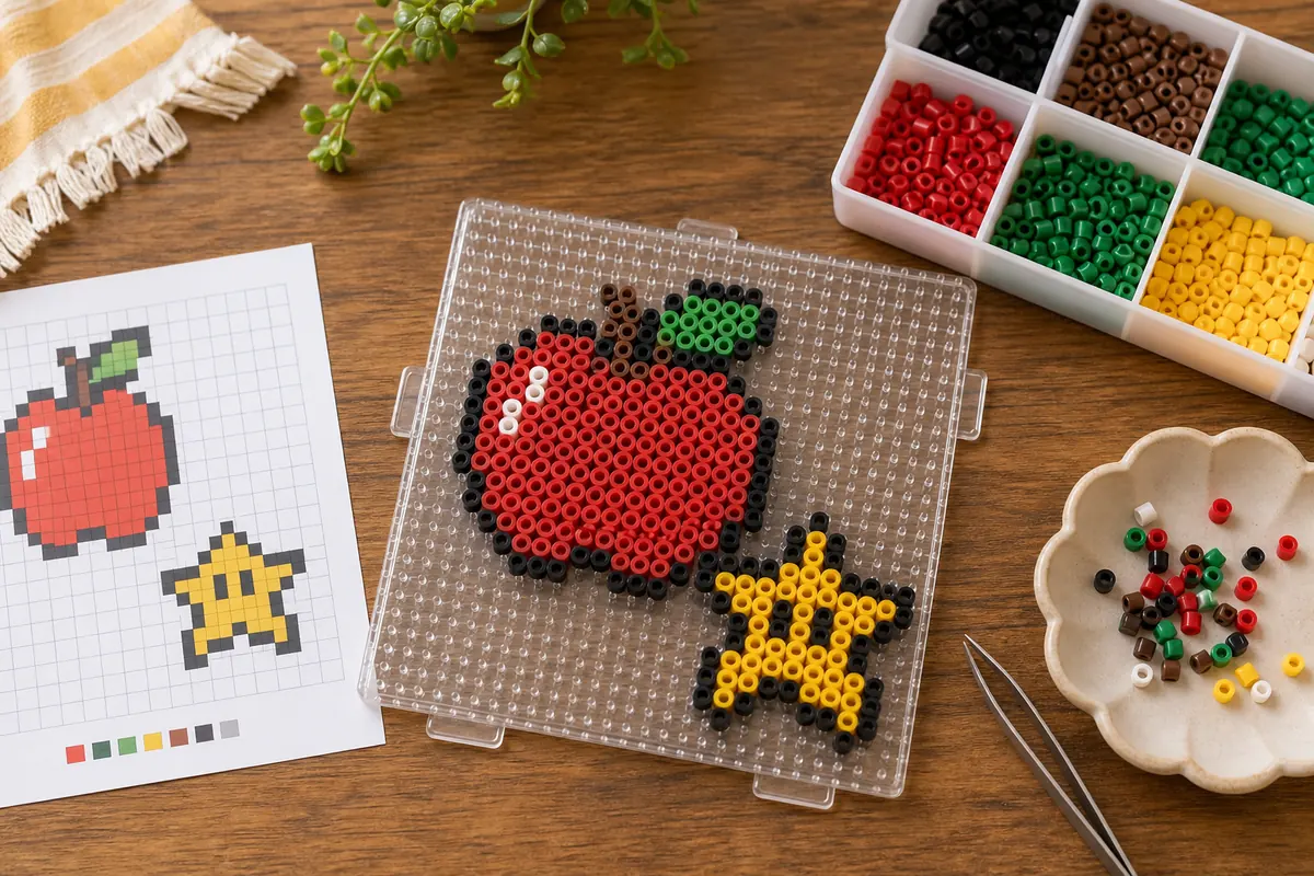 ドット絵図案を見ながらアイロンビーズを並べる作業イメージ