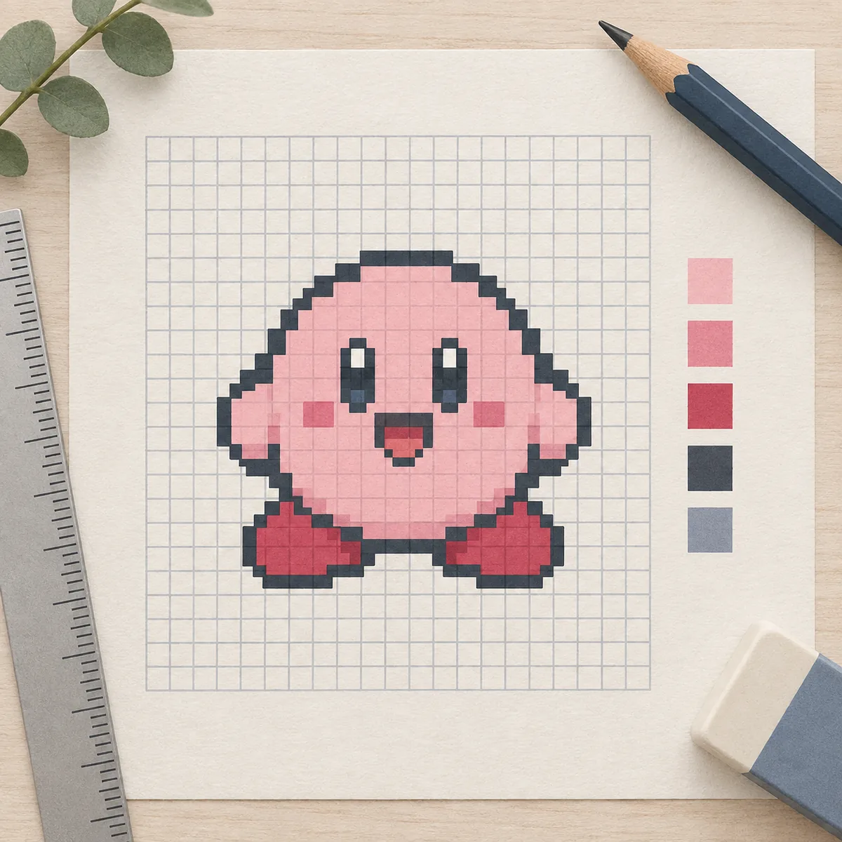 32×32のピクセルグリッド上で丸いピンク色のキャラクターを設計するオリジナル概念図