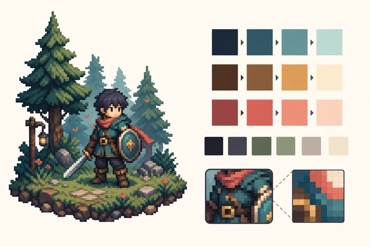 森のドット絵と影色からハイライトまで並べたカラーパレットの例
