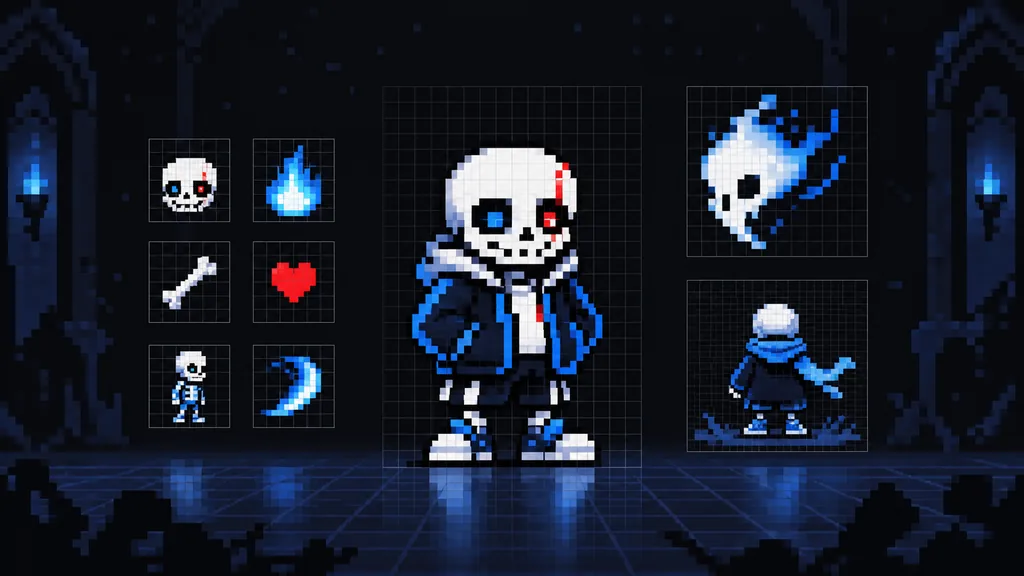 オリジナル解説用の骨キャラクター風ドット絵と16×16・32×32のピクセルグリッド