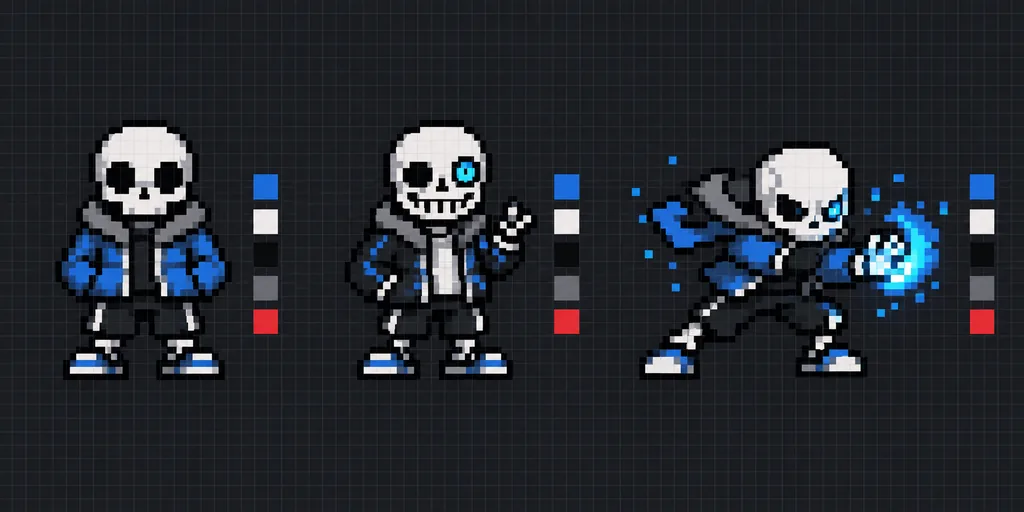 オリジナルの骨キャラクター風ドット絵で表情・立ち姿・攻撃ポーズと配色を比較する解説イメージ